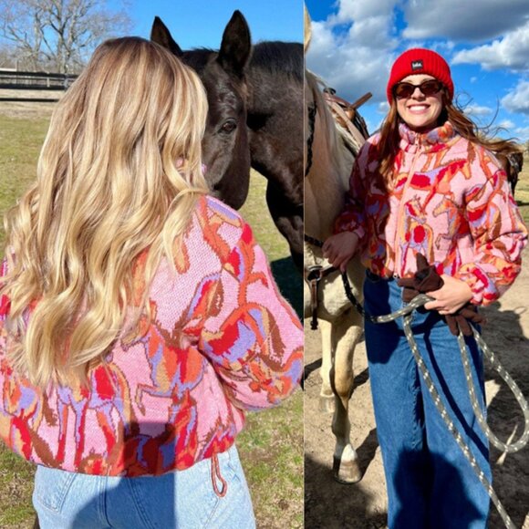 Farm Rio Wild Horses Tricot Puffer Jacket Reversible Mushroom Multicolor Size XS - Picture 12 of 12